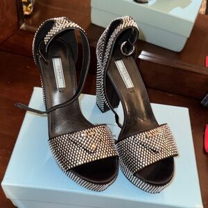 Prada Black Crystal-Embellished Platform Heel Sandals